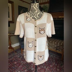 Christopher & Banks Checkerboard Cat Knit Button Up